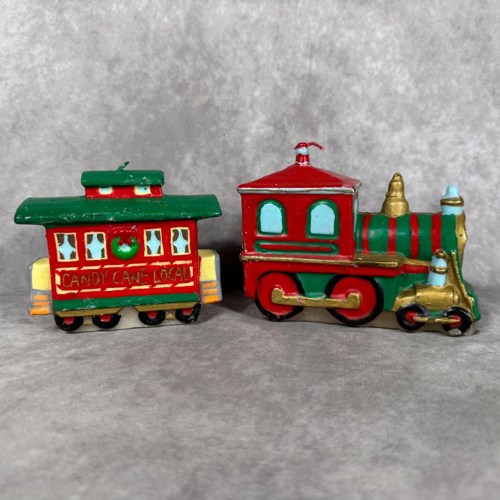 Vtg Christmas Train 2pc Wax Candle Set Candy Cane Local Engine Holiday Decor NOS